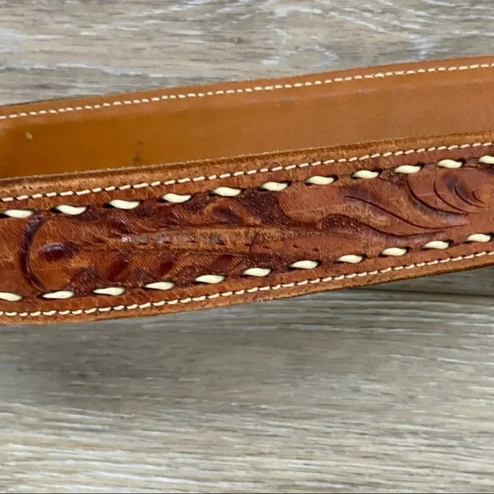 Vintage Western Hand Tooled Brown Cowhide Leather Belt 1.5” Floral Cowboy M/L